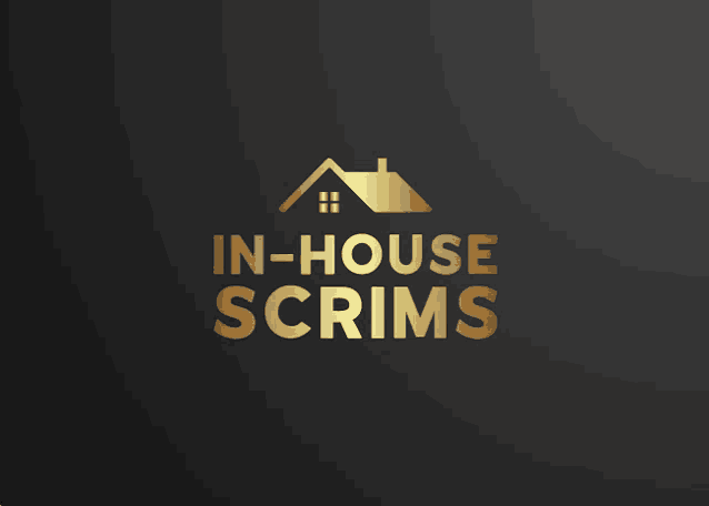 a logo for in-house scrims with a gold house on a black background