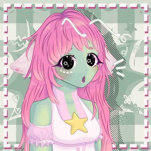 a drawing of a girl with pink hair and a star