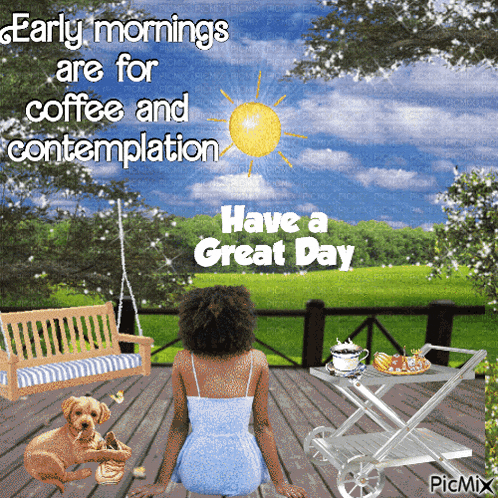 a woman sits on a deck with a dog and a sign that says " early mornings are for coffee and contemplation "