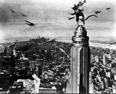 a black and white photo of a cat standing on top of a tall building .