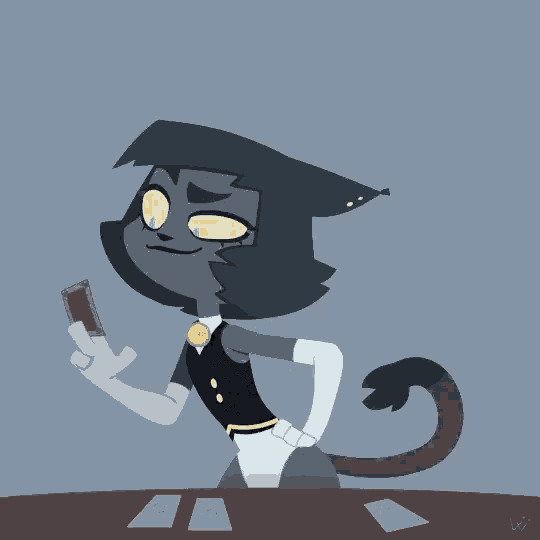 a drawing of a cat with yellow eyes holding a red card