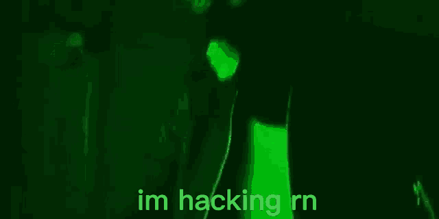 a person is standing in front of a computer monitor with the words `` im hacking rn '' on it .