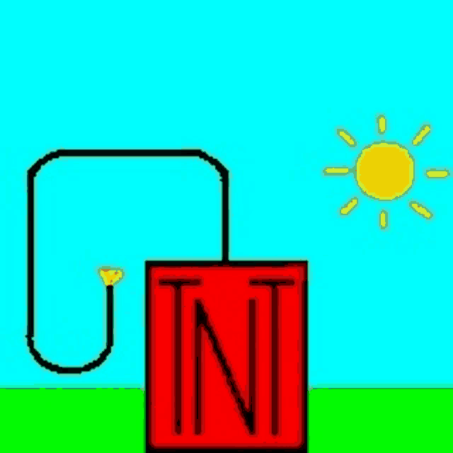 a drawing of a tnt bomb with a sun in the background