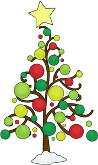 a cartoon christmas tree with red green and yellow balls and a star on top