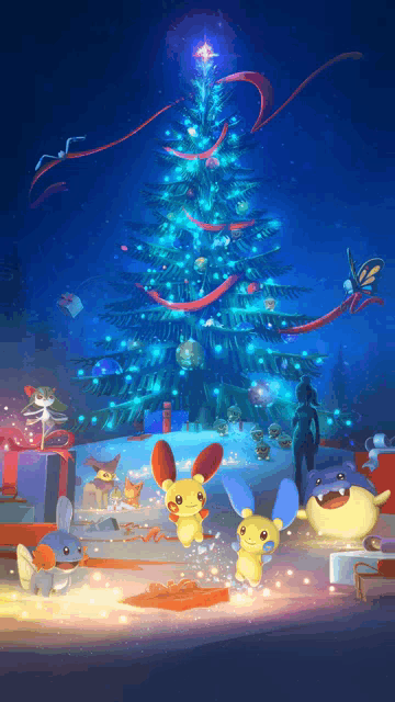 a christmas scene with a christmas tree surrounded by pokemon and presents