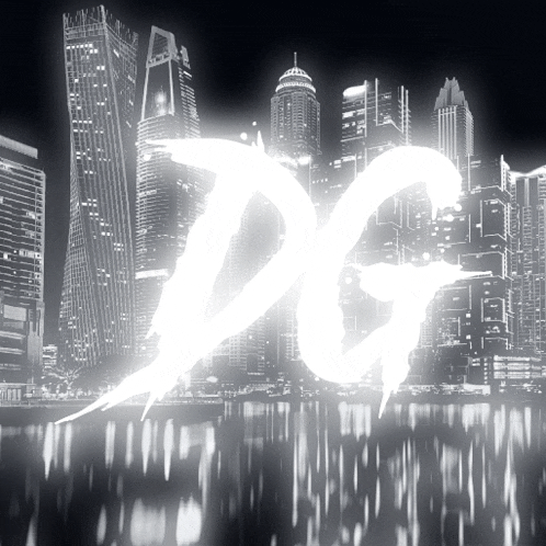 a black and white photo of a city skyline with the letter dg