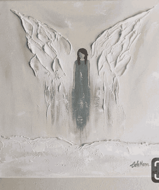 a painting of a woman with angel wings is signed by cath mann