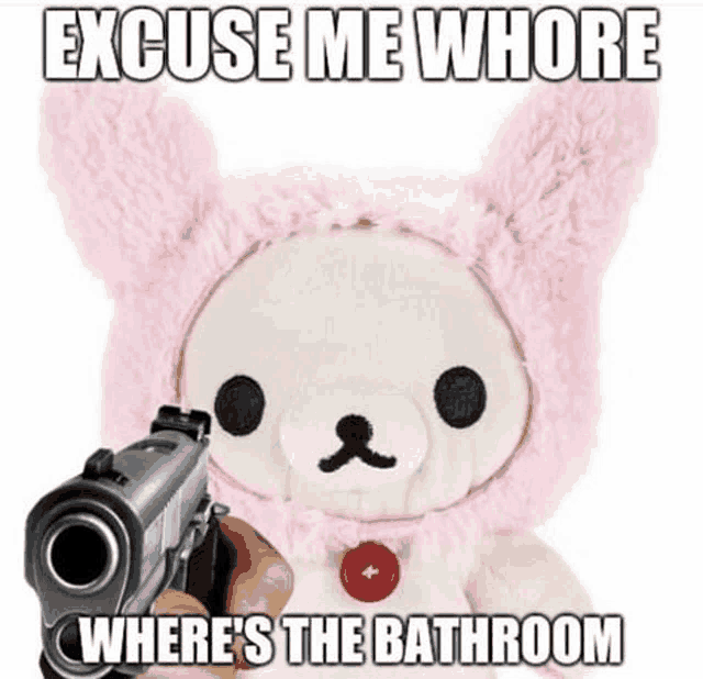 a person is pointing a gun at a pink teddy bear wearing a bunny costume .