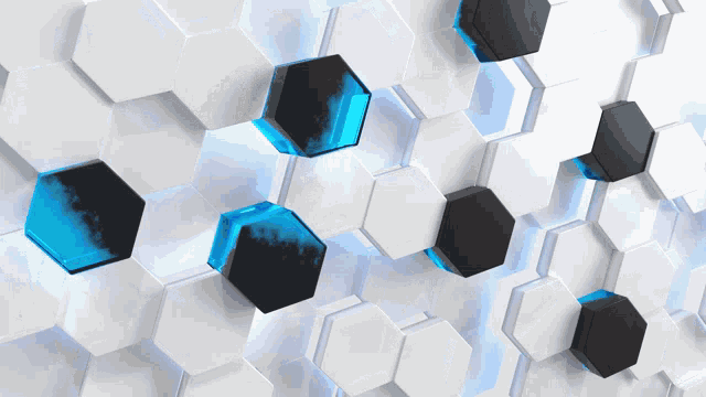 a wall of white and black hexagons with a blue glow