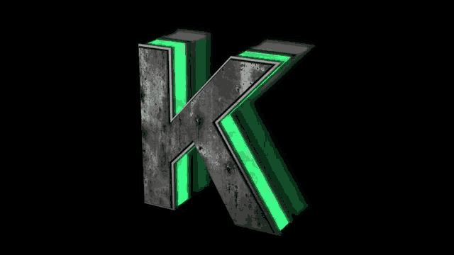 a 3d rendering of the letter k with a green light behind it .