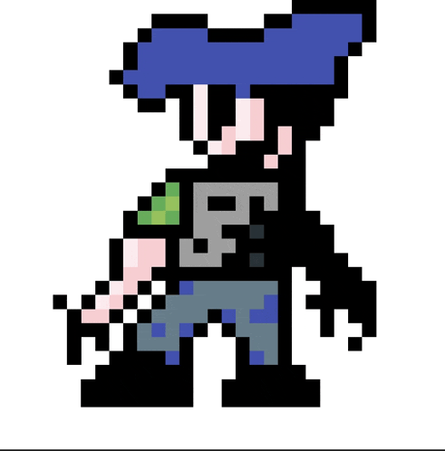 a pixel art of a person wearing sunglasses and a hat with the number 5 on it .