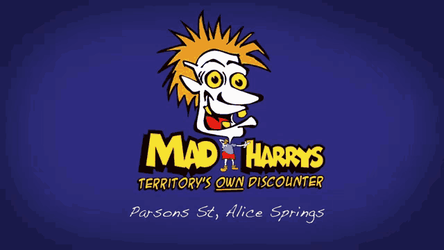 mad harry 's territory 's own discounter logo on a blue background