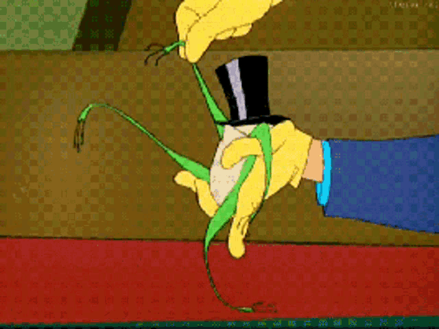 a cartoon of a person holding a frog with a top hat