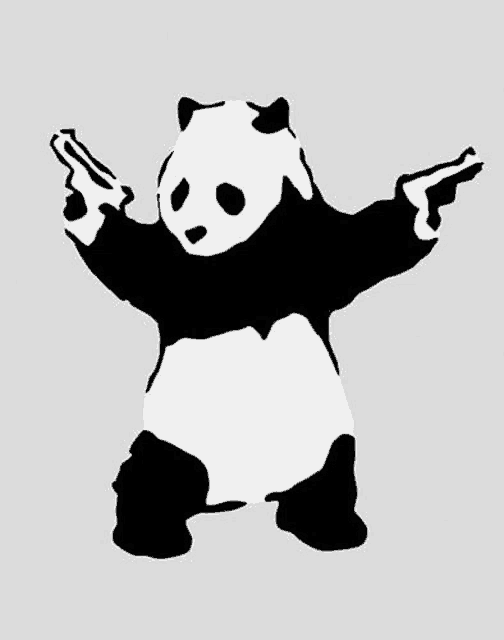 a panda bear is holding two guns in its hands in a black and white stencil .