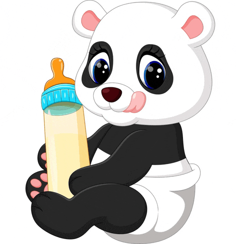 a cartoon panda bear is holding a baby bottle in its paws