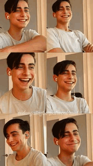 a young man wearing headphones is smiling in a collage of four pictures .