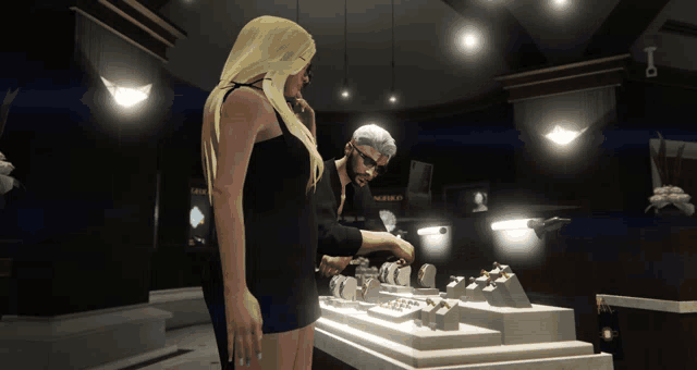 a man and a woman are looking at jewelry in a store with the letter b visible