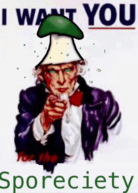 a poster of uncle sam pointing with the words i want you for the sporeciety