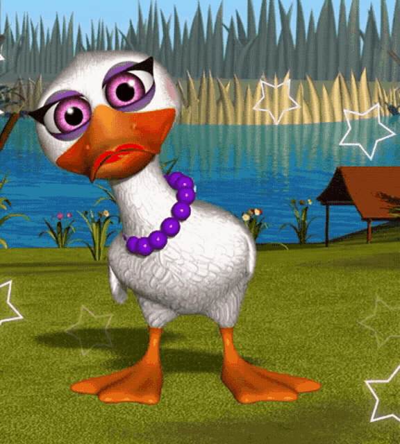 a cartoon duck wearing a purple necklace stands in front of a lake