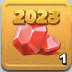 a yellow icon with two red stones and the year 2023 on it