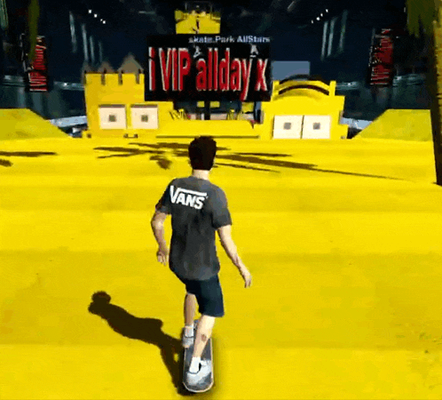 a man riding a skateboard in front of a sign that says vip allday