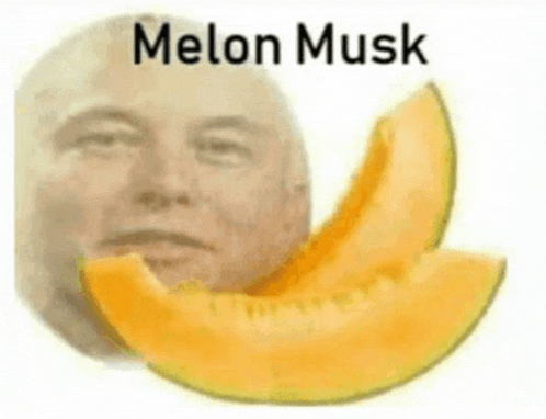 a picture of a man 's face behind a slice of melon .