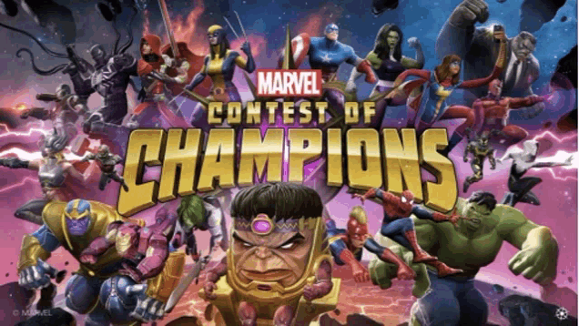 a poster for the marvel contest of champions shows a bunch of superheroes