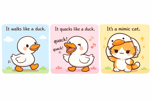 a cartoon of a duck a cat and a snowman says it walks like a duck