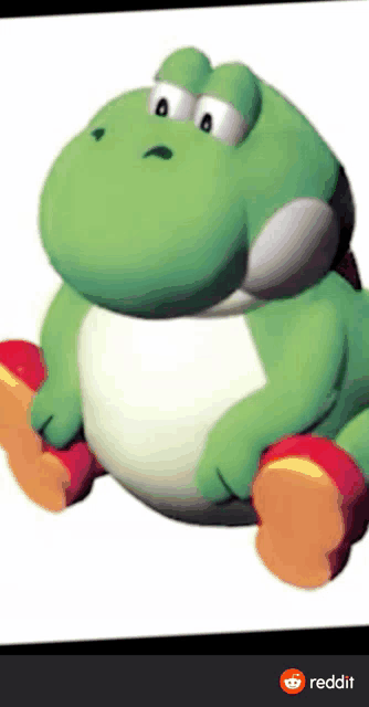 a picture of a stuffed yoshi with a sad look on his face