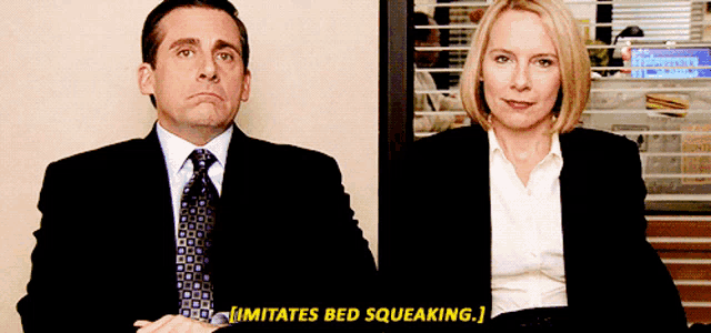 a man and a woman are sitting next to each other and the woman says imitates bed squeaking