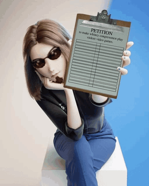 a woman holding a clipboard with a petition to make why congressmen play violent video games