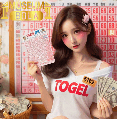 a woman wearing a white shirt that says ' togel ' on the front