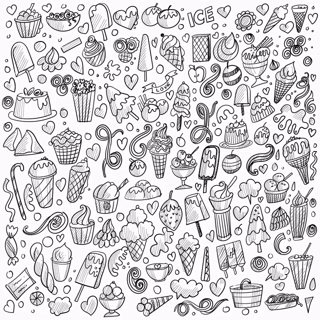 a black and white drawing of ice cream cones cupcakes and candy