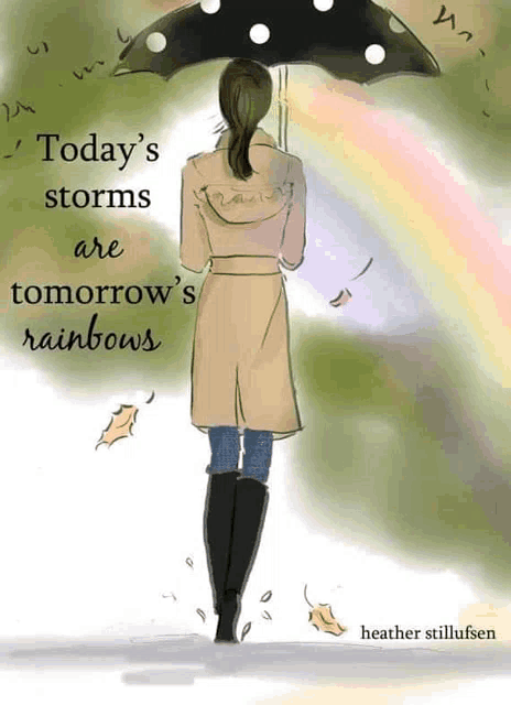 a drawing of a woman holding an umbrella with a quote by heather stillufsen