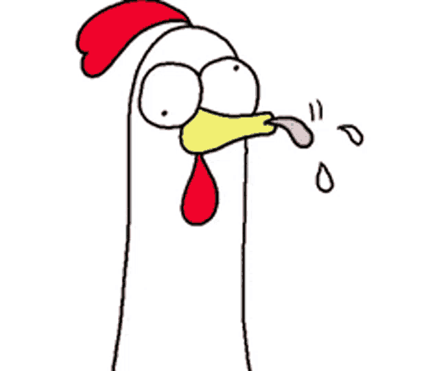 a cartoon chicken with a yellow beak and red crest is sticking its tongue out .