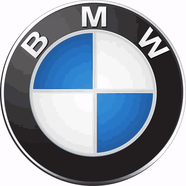 a blue and white bmw logo with a black rim