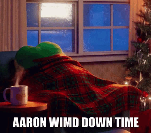 a person laying on a couch with a plaid blanket and the words aaron wimd down time