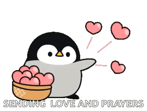 a penguin is holding a bowl of pink hearts and sending love and prayers