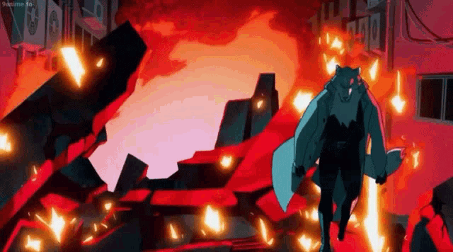 a cartoon character is standing in front of a fire in a city .