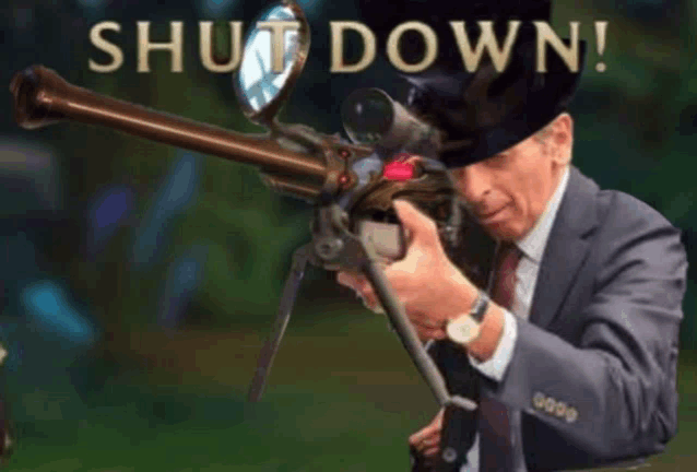 a man in a suit and top hat is holding a gun in front of a sign that says " shut down "