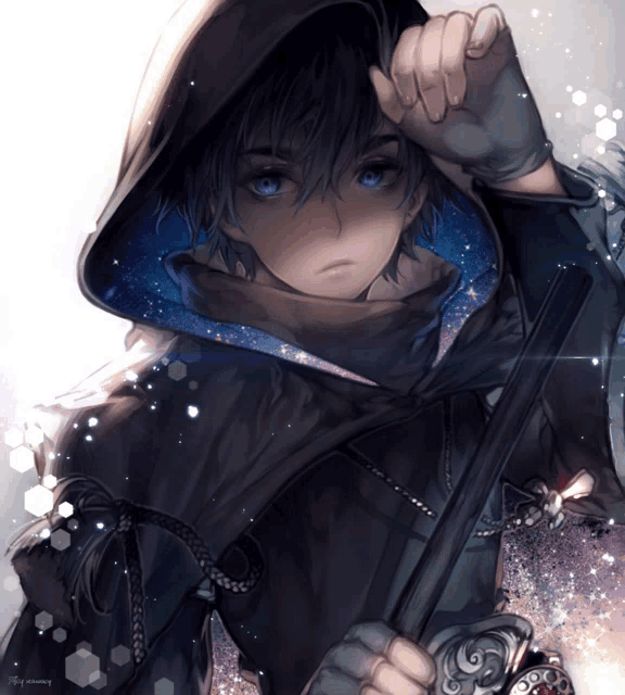 a drawing of a boy with a hood and a sword with a watermark that says ' a ' on it