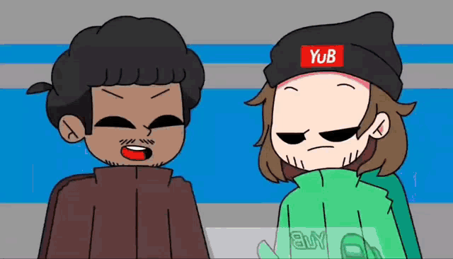 two cartoon characters are standing next to each other with one wearing a hat that says yub