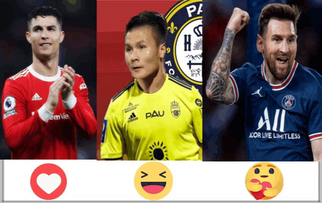 a collage of three soccer players including one wearing a blue jersey that says all