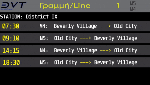 a digital screen displays the time and destination of the beverly village