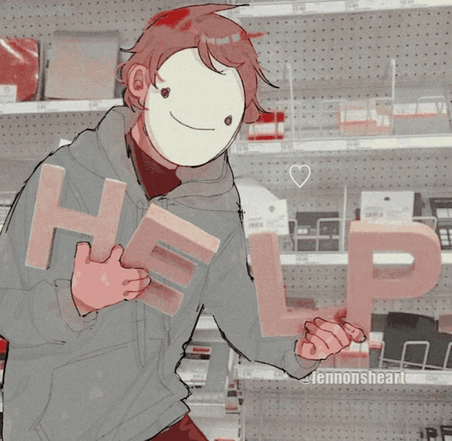 a drawing of a person with a mask holding the word help