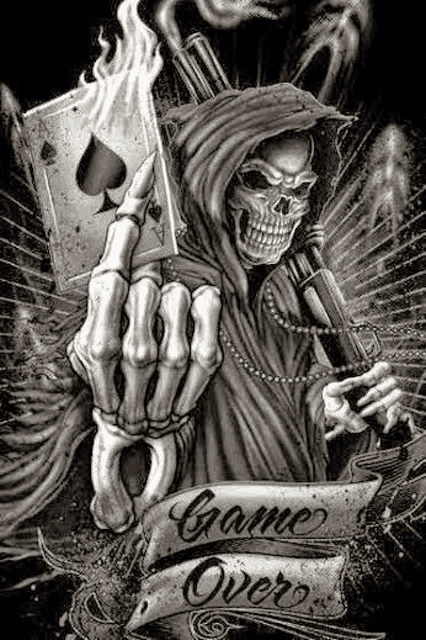 a grim reaper is holding a playing card and a gun in his hand .