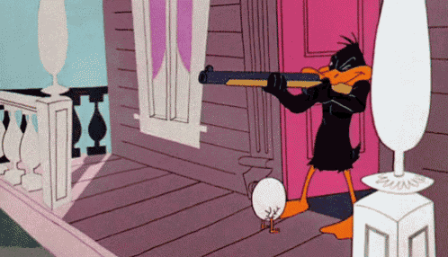 a cartoon character is holding a gun in front of a pink door