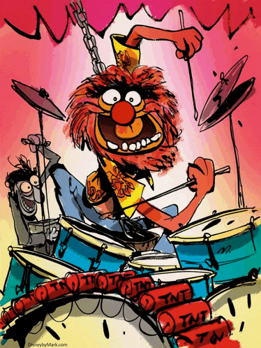 a cartoon drawing of a muppet playing drums with the website disneybymark.com in the bottom right corner