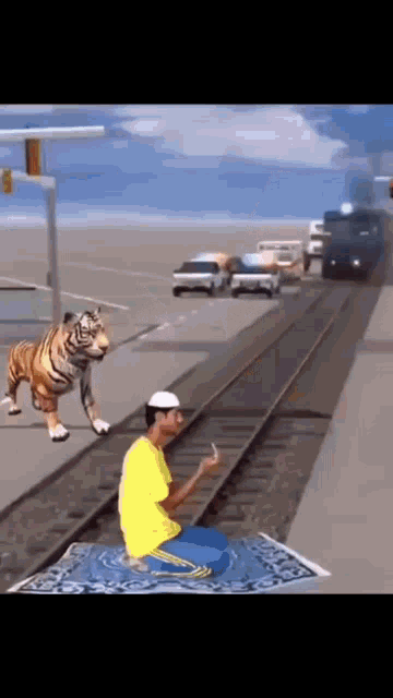 a man in a yellow shirt is kneeling on a carpet next to a stuffed tiger on a train track .