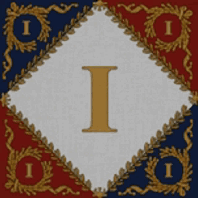 a red white and blue square with the letter i in the middle